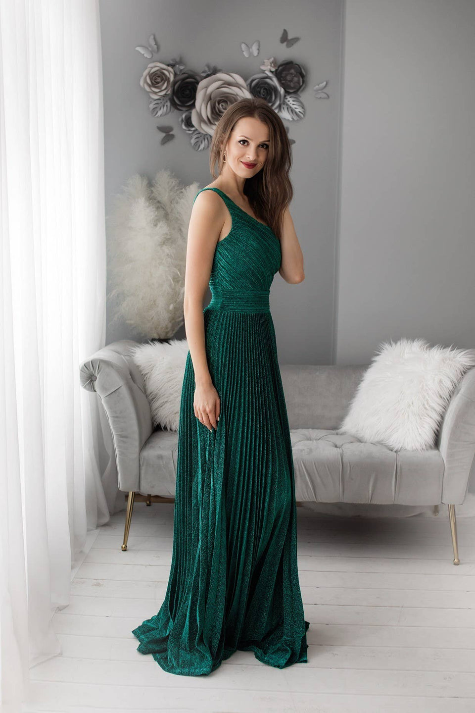 Langes plissiertes Kleid - one shoulder